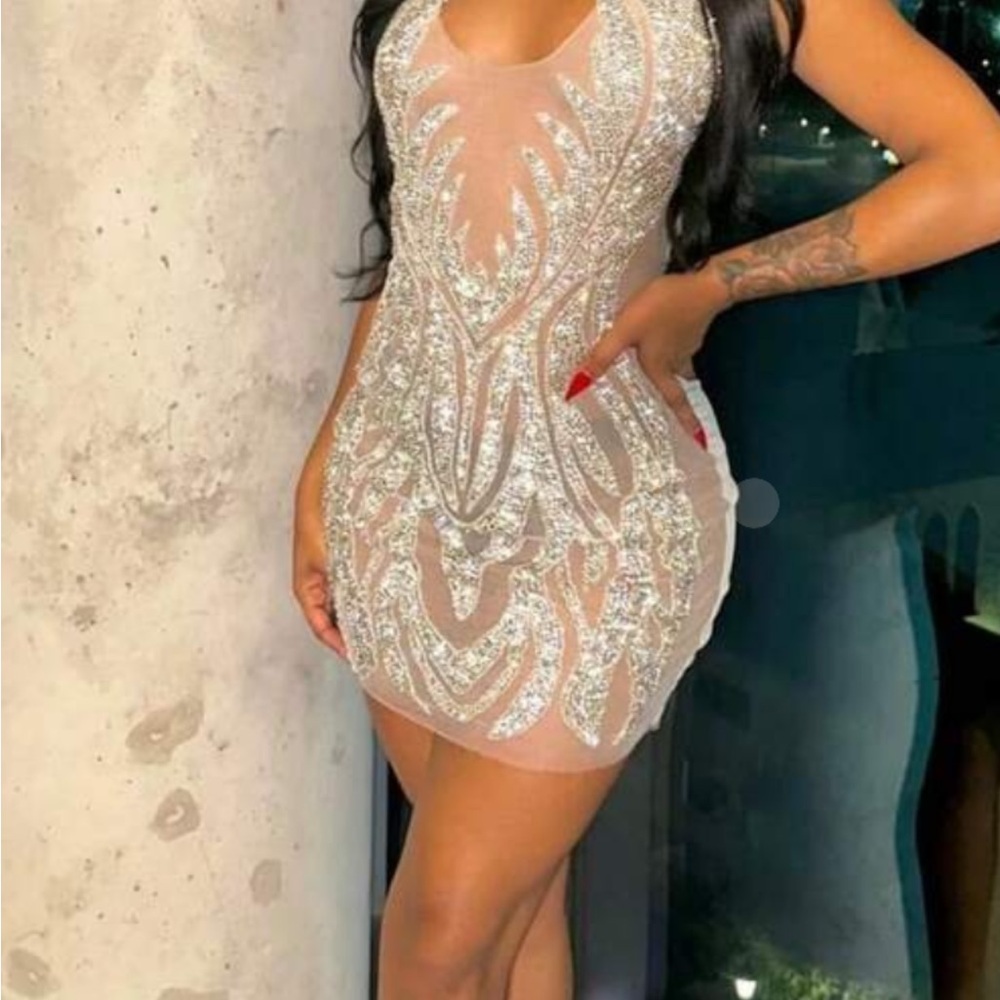 SHEIN Nude Sequin Sheer Bodycon Mini Dress